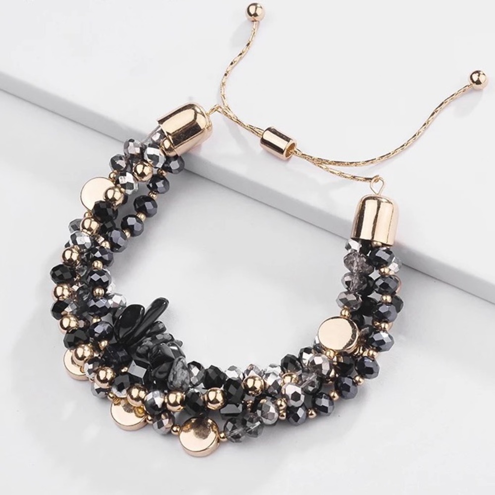 Gold Plated Black Snowflake Obsidian Beaded Multilayer Adjustable Bracelet
